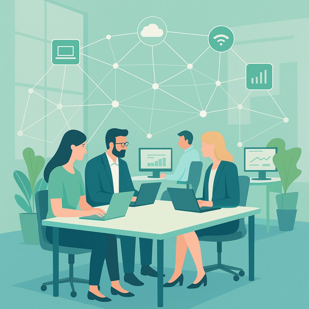 Equipo de trabajo en oficina moderna conectado digitalmente para representar la optimización de la conectividad empresarial