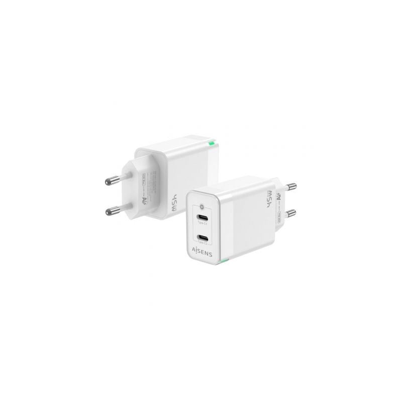 Cargador Gan de Pared Aisens ASCH-45W2P005-W/ 2xUSB Tipo-C/ 45W