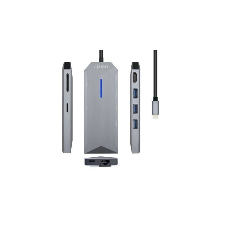 Docking USB Tipo-C Aisens ASUC-8P004-GR/ 1xHDMI/ 3xUSB/ 1xRJ45/ 1xLector Tarjetas / 1xUSB Tipo-C PD/ Gris