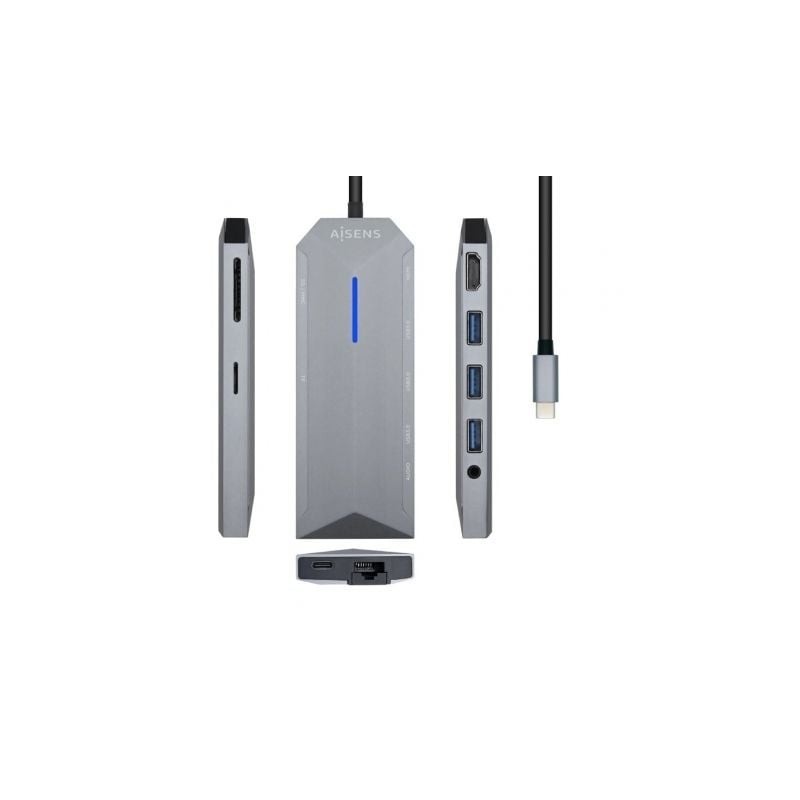 Docking USB Tipo-C Aisens ASUC-9P001-GR/ 1xHDMI/ 3xUSB/ 1xRJ45/ 1xAudio/ 1xLector Tarjetas / 1xUSB Tipo-C PD/ Gris